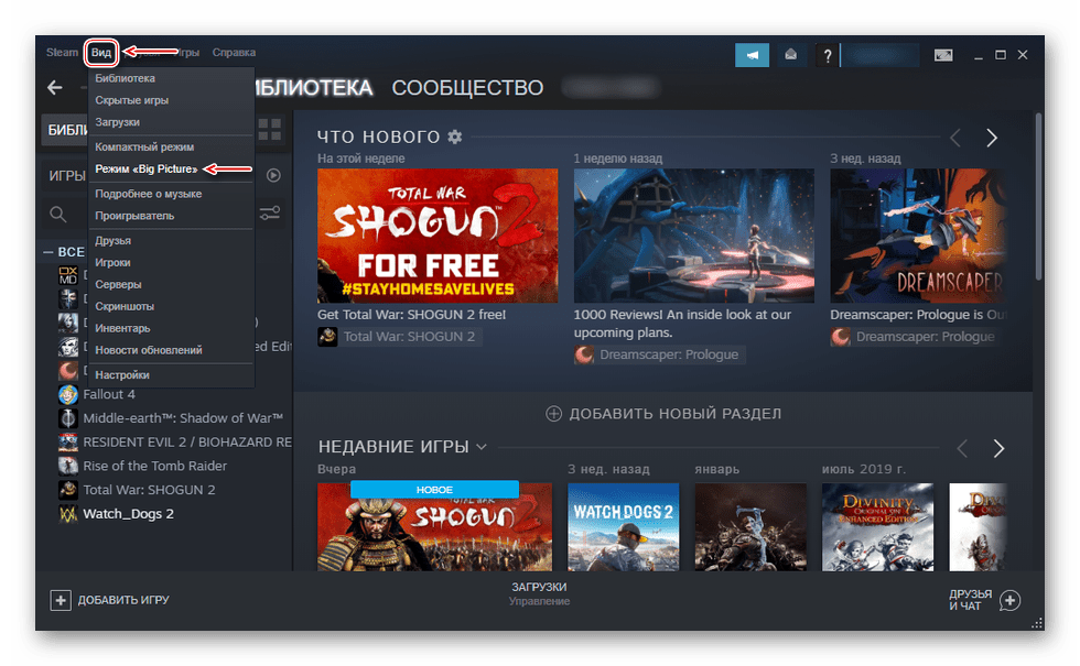 Войдите в режим большого изображения в Steam