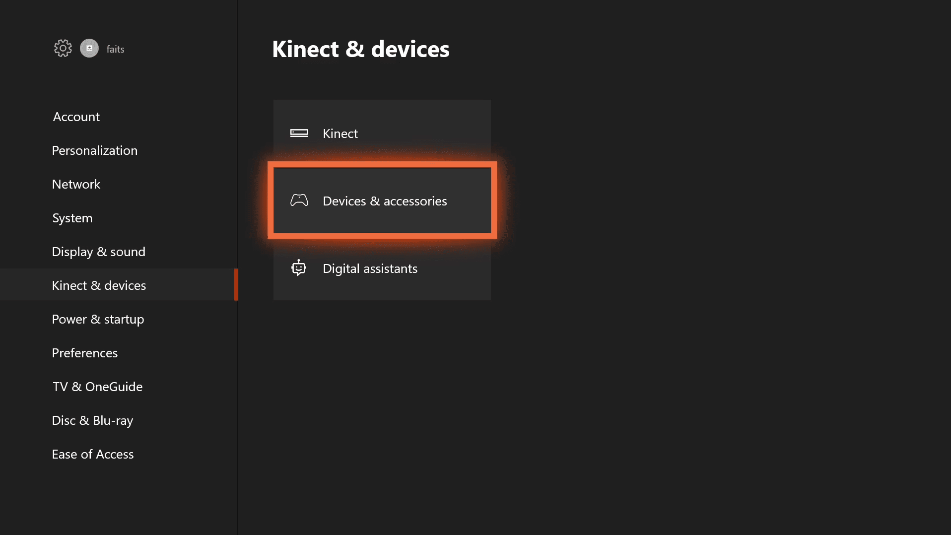 Снимок экрана меню устройств Kinect и Xbox One.